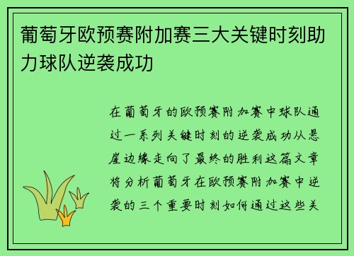 葡萄牙欧预赛附加赛三大关键时刻助力球队逆袭成功